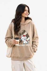 <b>Women's</b> Oversized <b>Beige</b> <b>Hoodie</b> Cartoon Cat Coffee Print Sweatshirt Casual Fleece Pullover - Product Image 4