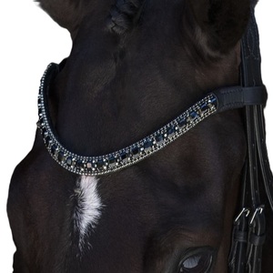 Frontal de cheval en cuir véritable personnalisé, de marque supérieure, avec cristaux noirs, pierres, strass et chaîne incrustée, forme ondulée, pour taille Full Cob - Product Image 4