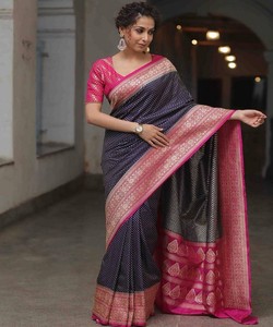 Traditional Indian Silk Saree With Pink Border And Polka Dot Design For Wedding Wear Women's <b>Floor</b>-Length Sari - Product Image 4