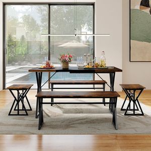 Industrial 5-Piece <b>Dining</b> Room Set Rectangular Kitchen <b>Table</b> with 2 Benches and 2 <b>Stools</b> - Product Image 2