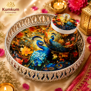 Peacock Print Religious Metal Handmade Multifunction Tray Wedding Favor Indian Gift Trays Bridesmaid Hamper Basket Haldi Mehndi - Product Image 4