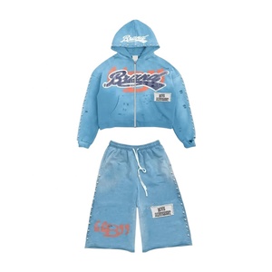 Sweat-shirt personnalisé en molleton bouclette 100% coton épais, coupe ample et carrée, zippé, avec impression sérigraphiée, strass et délavage acide, pour l'hiver - Product Image 1