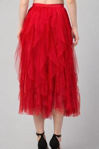 Red Tulle Maxi Skirt | Layered Mesh Ruffle Skirt | Elegant Tiered Party Wear Long Skirt for Women Red Frill Mesh Skirt - Product Image 4
