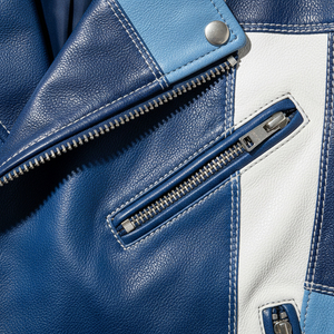 Men's Patchwork Leather Biker Jacket Blue-White Color-Block Motorcycle Jacket Genuine Leather Moto <b>Coat</b> - Product Image 4