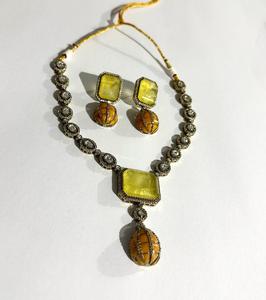 Yellow Stone Polki Layered Design Necklace with Earrings Gold Plated Fashion Jewelry Set - Product Image 4