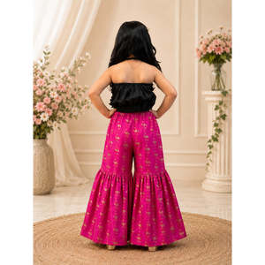 Ensemble Sharara pour femme, haut sans manches à imprimé floral orné, noir et rose, en polyester, longueur genou, tenue de fête ethnique et festive - Product Image 2