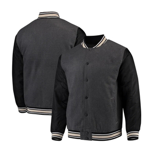 Chaqueta Varsity Gris para Hombre con Mangas Negras, Cierre de Botones, Cuello Camisero, Ropa Casual de Otoño - Product Image 1