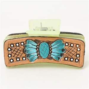 Pinza para el pelo de cuero repujado con turquesa, hecha a mano, estilo vaquero vintage, ligera y ajustable, accesorios para el cabello. - Product Image 1