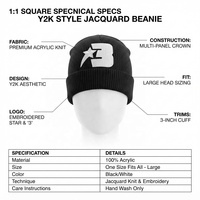 Bonnet Jacquard à Impression Numérique Style Y2K pour Grandes Tailles de Tête, Noir et Blanc, Unisexe, Style Urbain, Voyage