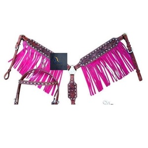 Western Brown <b>Leather</b> Headstall and Breast Collar Set Hand Tooled Floral Design Pink Fringe Horse Tack - Product Image 2