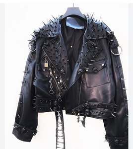 Winter <b>Gothic</b> Punk Studded Cowhide Leather Motorcycle <b>Jacket</b> with Custom Logos Front Design Waterproof Zipper Closure - Product Image 4