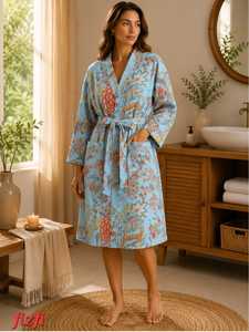 Floral Print Vintage Sexy Soft Women's 100% Cotton <b>Waffle</b> Texture Kimono <b>Bathrobe</b> Full Length Drawstring Cinched Waist Lounge - Product Image 4