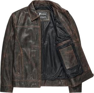 Chaqueta de Motociclista de Cuero Genuino para Hombre, Cuello Camisero, Cierre de Cremallera, Color Marrón Sólido, Largo Regular, para Otoño - Product Image 1