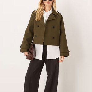 <b>Women's</b> Olive Green Double <b>Breasted</b> Trench <b>Coat</b> Crop Length Full Sleeve Solid Color Casual Outerwear Woven Polyester - Product Image 6