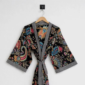 Bata Kimono de Algodón Ligera Estampada a Mano para Mujer, Vestido Largo de Baño, Túnica de Playa - Product Image 1