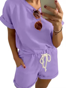 Conjunto de 2 Piezas para Mujer, Pantalones Cortos Morados, Poliéster/Algodón, Cuello Redondo, Manga Corta, Corte Holgado, Color Sólido, Cintura con Cordón, Hasta la Rodilla - Product Image 6