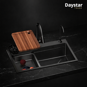Évier de cuisine rectangulaire Daystar Trade moderne à encastrer, en acier inoxydable brossé, fait main, avec robinet noir, épaisseur 0,6 mm - Product Image 3