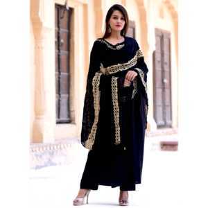 Magnifique ensemble de costume noir avec dupatta doré, taille XS, tissu en mousseline de soie - Product Image 5