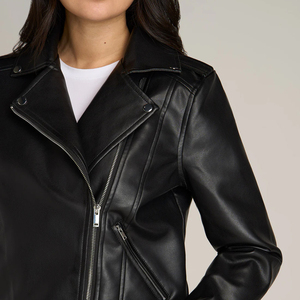 Women's PU Leather Moto <b>Jacket</b> Stand Collar Zipper Closure Full Sleeve Solid Black Regular Fit Autumn Style - Product Image 3