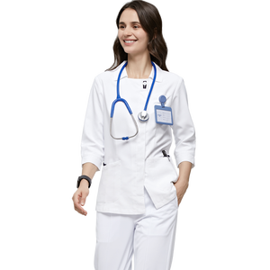 Bata de Laboratorio Blanca para Mujer, Tejida, de Algodón y Poliéster, Uniforme de Hospital, 3 Bolsillos, Cierre de Broches, Bata Médica - Product Image 3
