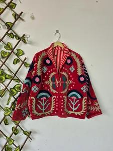Handmade Pink <b>Velvet</b> Suzani Embroidered <b>Jacket</b> with Floral Pattern Full Sleeve Stand Collar Bohemian <b>Women's</b> Spring Outerwear - Product Image 2