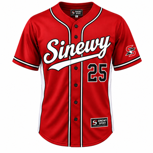Camiseta de Béisbol Roja Deportiva Sinewy para Hombre, Manga Corta, Cierre de Botones, Transpirable, Poliéster, Impresión con Nombre del Equipo, Número 25, Adulto - Product Image 1