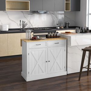 Carrello da Cucina Moderno Stile Fattoria, Bar Portatile per Colazione, con Ripiano Ribaltabile, 2 Cassetti, Ripiani Regolabili in Rovere, Design in Legno Bianco e Vetro - Product Image 2
