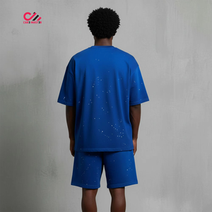 Ensemble T-shirt et short pour homme, imprimé à pois bleus, décontracté, été, coton, coupe ample, respirant, tricoté - Product Image 3