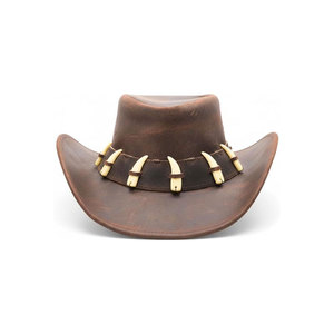 Leather Cowboy <b>Hat</b> with Horn Accents Wide Brim Western Style <b>Hat</b> for Men and Women - Product Image 1