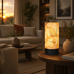 Modern Botanical Leaf Printed Linen Table Lamp | Decorative Bedside <b>Night</b> <b>Light</b> | Living Room Desk Lamp | Warm Ambient Home - Product Image 2