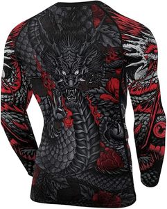 เสื้อรัดรูปแขนยาวสำหรับผู้ชาย พิมพ์ลายเต็มตัว ลายมังกรและเสือ แห้งเร็ว สีดำแดง - Product Image 6