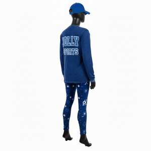 Ensemble haut de gamme pour femmes : t-shirt en coton 200 GSM et legging extensible bleu marine avec logo brodé et impression par sublimation - Product Image 4