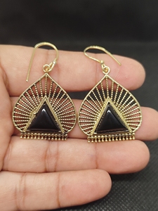 Gold Plated Brass Earrings with Black Onyx | Trendy Women's Wedding Statement | Jaipur Manufacturer - Product Image 4