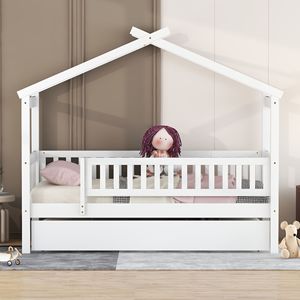 Letto a casetta in legno per bambini, misura singola, con letto estraibile bianco per bambini - Product Image 3