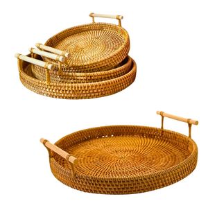 Handwoven RATTAN <b>TRAY</b> FRUIT STORAGE BASKET with Handles Gift, Wicker Serving <b>Tray</b> for Home Use - Product Image 1