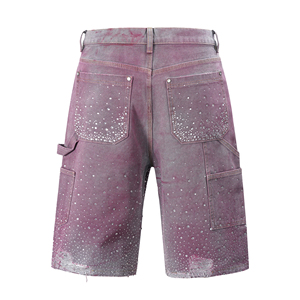 Shorts en jean baggy pour hommes OEM 2026 personnalisés 16 OZ en toile avec impression intégrale de strass et paillettes, effet vieilli, vente en gros - Product Image 2