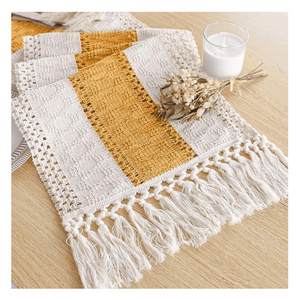 Runner da Tavolo in Macramè e Iuta Stile Boho, 72 Pollici, Giallo, Decorazione Rustica Autunnale per la Casa con Nappe, Stile Fattoria - Product Image 1