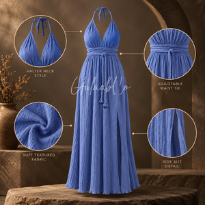 Robe longue bleu pétale de violette à col licou, taille ajustable avec lien, tissu texturé doux, fente latérale, fluide, pour l'été, la plage, les soirées et les fêtes - Product Image 5