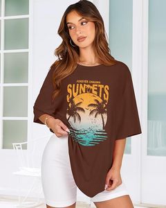 เสื้อยืดแขนสั้นคอกลมสีน้ำตาลสำหรับผู้หญิง พิมพ์ลายต้นปาล์มยามพระอาทิตย์ตก ทรงหลวม สวมใส่สบาย เหมาะสำหรับฤดูร้อน ผลิตจากผ้าฝ้ายเจอร์ซีย์ 100% - Product Image 5