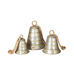 Campanas Navideñas Rústicas Galvanizadas con Detalles Dorados y Cuerda de Yute, Campanas Metálicas Colgantes Estilo Vintage para Decoración Navideña - Product Image 1