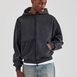 Fabricante de sudaderas con capucha de algodón grueso personalizadas, chaqueta con capucha extragrande con cremallera completa, ropa urbana de primera calidad con lavado ácido. - Product Image 6