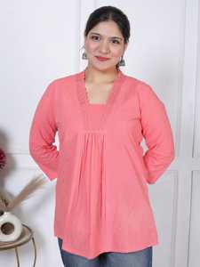 Elegant Women <b>Peach</b> Pink Casual Lace V-neck Short Sleeve 100% Cotton Breathable Tunic Kurti Style for B2B Buyer - Product Image 5
