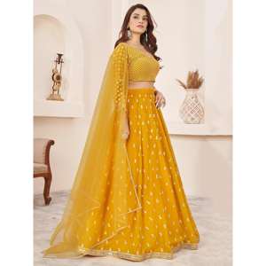 Magnifique Lehenga Choli jaune en Georgette semi-cousu avec Dupatta, orné d'un élégant travail de broderie pour mariages - Zeel Clothing - Product Image 6