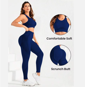 Women Solid Color Seamless Yoga Sports Bra Set Medium Support <b>Long</b> Sleeve Crop Top With High Waist Leggings For Fitness Yoga - Product Image 3