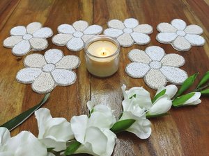 White Flower Beaded Coasters Set Of 6 Classic Fabric Reusable Wedding Table Mats Decoration - Product Image 1