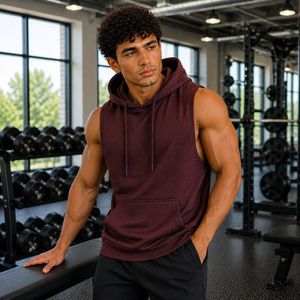 <b>Men</b> <b>Sleeveless</b> Hooded Sweatshirt Olive Green French Terry Casual Gym Wear Pocket Design Regular Fit Autumn Style - Product Image 1