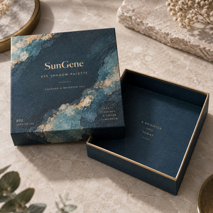 Caja rígida de cartón SunGene Lift Off Lid para paleta de sombras de ojos en azul petróleo y latón pálido - Product Image 1
