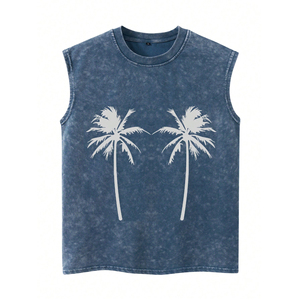 Camiseta sin mangas para hombre, azul, con efecto lavado ácido, cuello redondo, estampado de palmeras, transpirable, para verano - Product Image 1