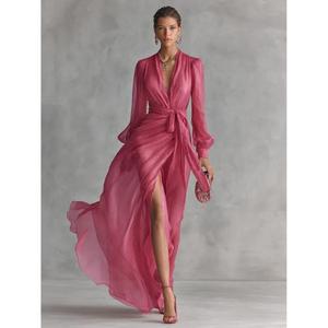 Vestido Largo de Gasa Rosa Elegante Hecho a Mano de Alta Calidad con Cuello en V Profundo, Manga Abullonada, Lazo Cruzado, Abertura en el Bajo, Ajuste Delgado, Sencillo y Ecológico - Product Image 1