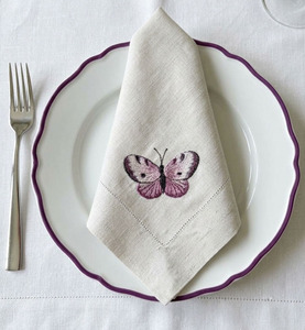 Custom Square Embroidered Purple Butterfly <b>Cloth</b> Napkin Reusable Washable Hemstitch <b>Linen</b> Dinner Napkins Wedding Holidays - Product Image 1